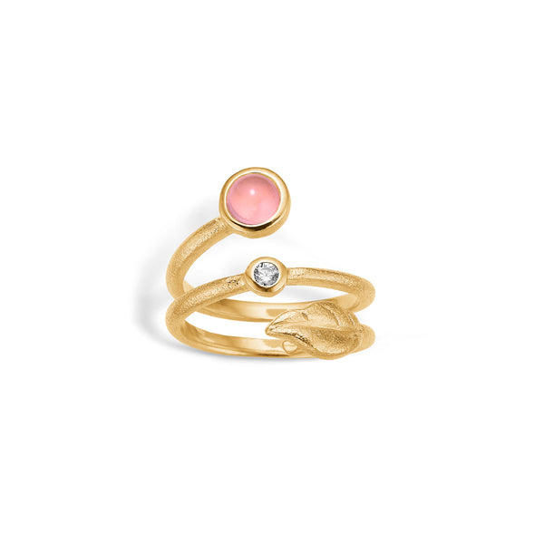 Gold-plated sterling silver ring with leaf rose quartz and cubic zirconia