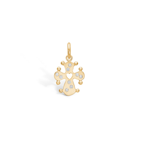 Gold-plated sterling silver pendant matt small daily cross with heart and cubic zirconia