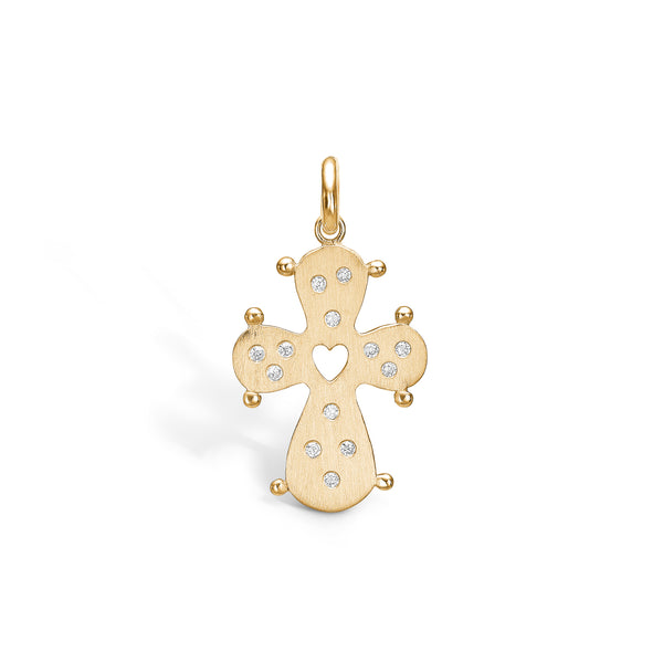 Gold-plated sterling silver pendant large matte day cross with heart and cubic zirconia