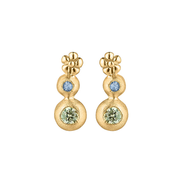 Gold-plated sterling silver earrings with flower green and blue cubic zirconia