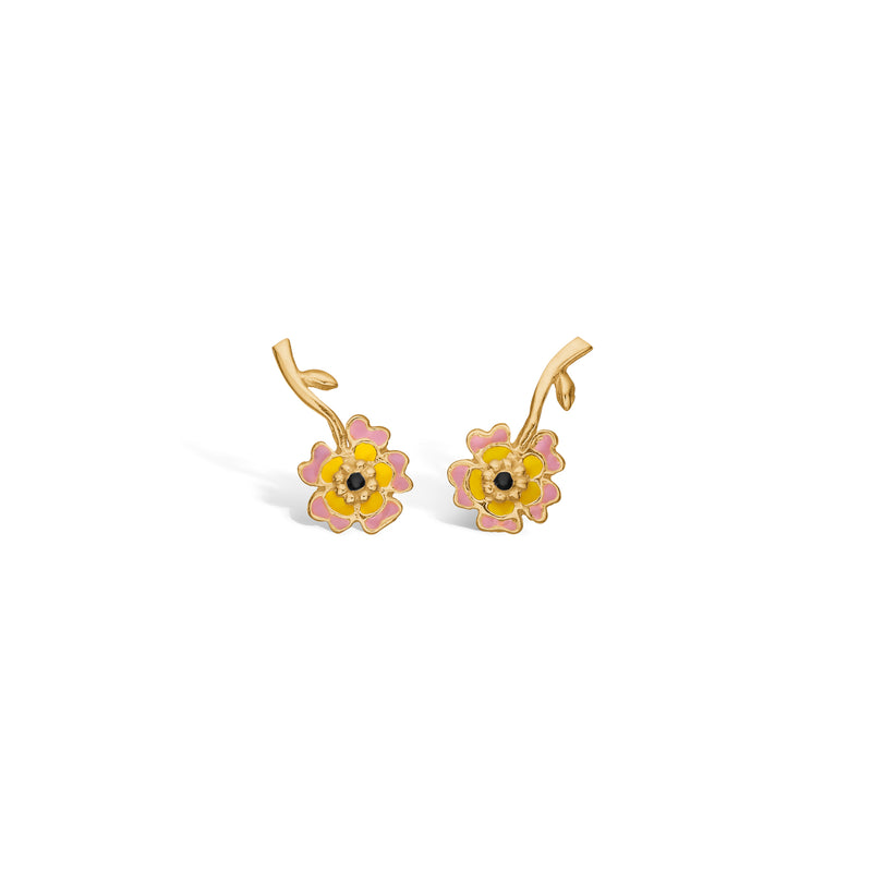 Gold-plated sterling silver earrings pink flower with stem