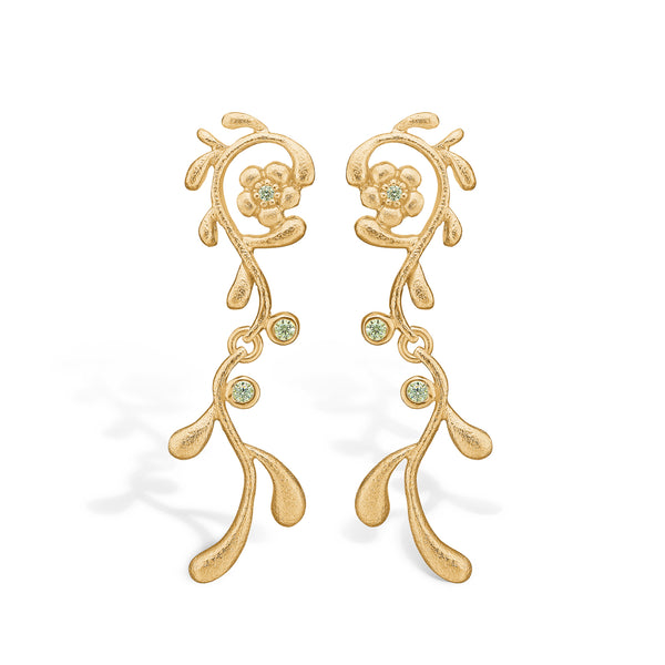 Gold-plated sterling silver earring twisted branches with flower and green cubic zirconia