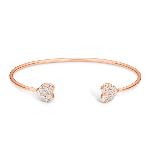 Rose gold plated sterling silver open bangle with hearts
