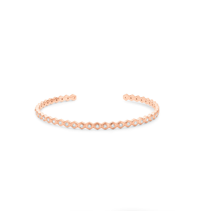 Rose gold-plated sterling silver bangle with square pattern and cubic zirconia
