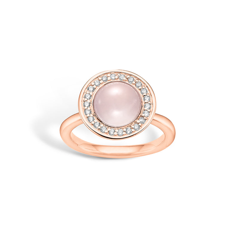 Rose gold-plated silver finger ring with cubic zirconia and rose quartz