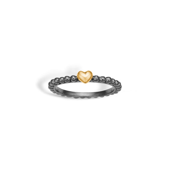 Black rhodium-plated silver ring 'Cirkelina' with balls and matt gold-plated heart