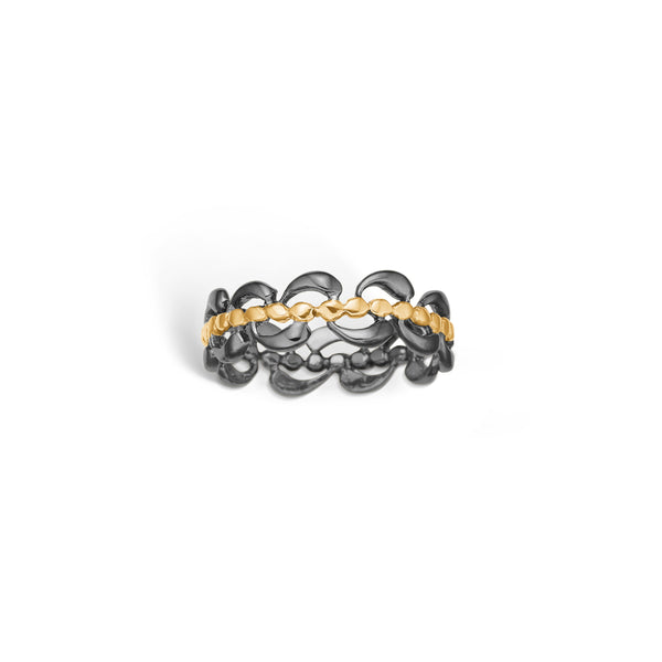 Black rhodium-plated with gold-plated silver ring with leaf pattern