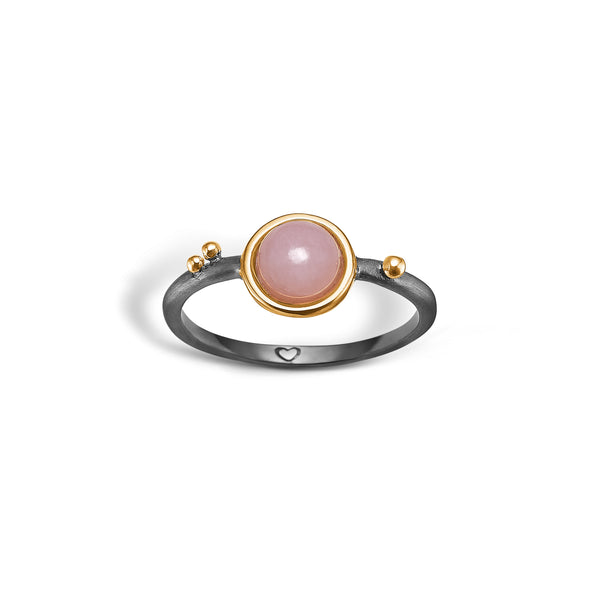 Black rhodium-plated ring with pink opal