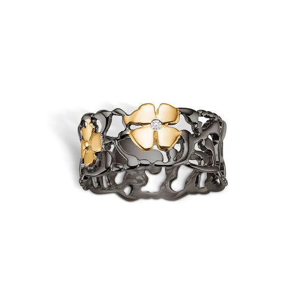 Black rhodium-plated silver ring with gold-plated flowers and real diamond - narrow model