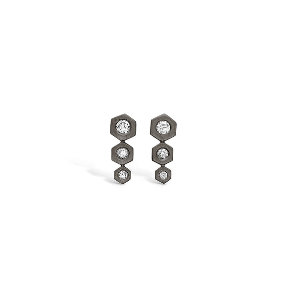 Black rhodium-plated silver earrings with hexagons set with cubic zirconia