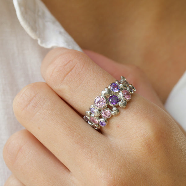 Rhodium-plated sterling silver ring with purple and pink cubic zirconia