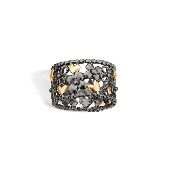 Black finger ring with gold-plated hearts