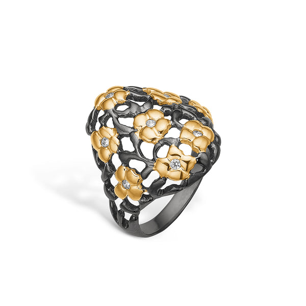Black rhodium-plated silver finger ring with gold-plated flowers and cubic zirconia